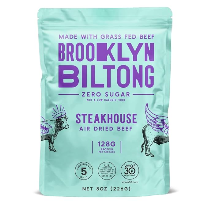 Brooklyn Biltong Air Dried Grass Fed Beef Snack, South African Beef Jerky (8 oz, Pack of 1) - Whole30 Approved, Paleo, Keto, Gluten Free, Sugar Free, Made in USA - (Steakhouse)
