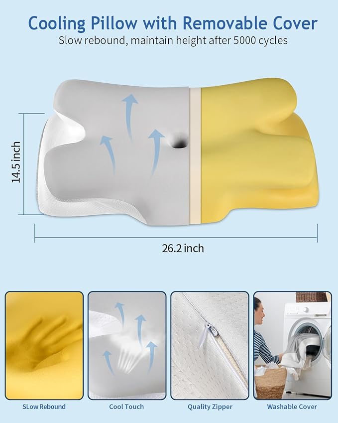Cervical Neck Pillow for Neck Shoulder Pain Relief, Soft Contour Side Sleeper Pillow of 2 Heights, Odorless Q-max Cooling Memory Foam Orthopedic Bed Pillow for Back Stomach Sleeper