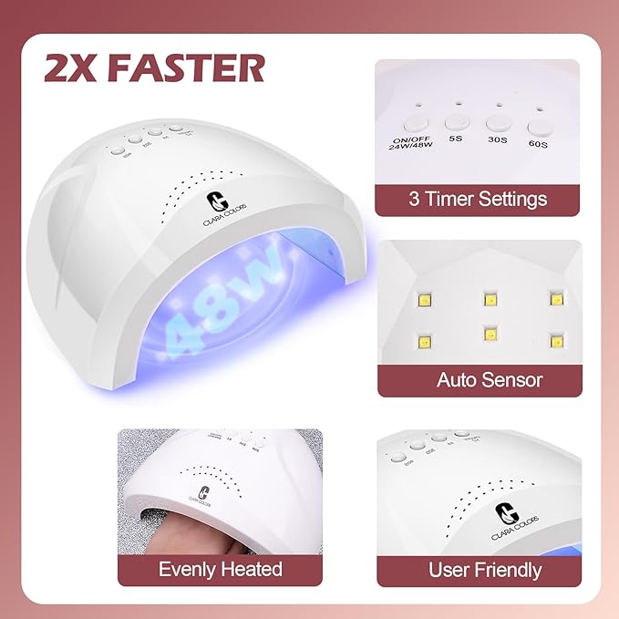 Clara Colors 32 Colors 14ml Gel Nail Polish Kit with UV Light, All In One Gel Polish Set with 48W Light Base and Matte Glossy Top Coat Essential Manicure Tools Nails Art Decorations