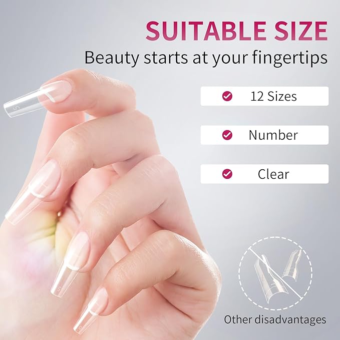 krofaue 600PCS Half Cover Coffin Nail Tips - Acrylic Nail Tips 12 Size Clear False Nails Tips with Box for Nail Salons and Home DIY (Clear)