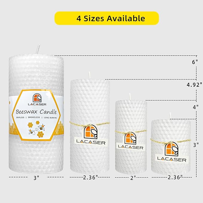 Large Beeswax Pillar Candles, Size 3"x6", Natural Bees Wax Candle Sheet Handrolled for Home, Unscented & Smokeless, 40 Hour Burn Time, White