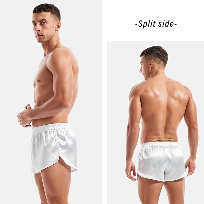 AMY COULEE Mens Satin Shorts Silk Boxers Sexy Split Side Lounge Shorts 3 Inch Pajama bottoms