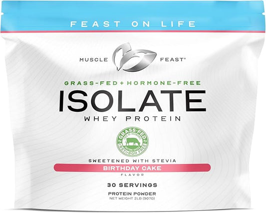 Muscle Feast Grass-Fed Whey Protein Isolate, All Natural Hormone Free Pasture Raised, Whey Isolate Protein Powder for Men and Women, Clean, Gluten-Free, Delicious Isolate Protein - Bithday Cake, 2lb