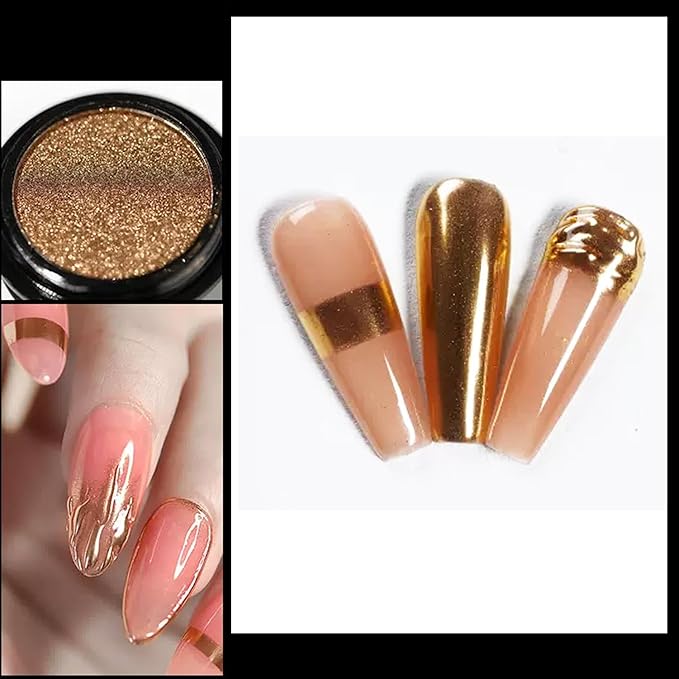 Holographic Mirror Nail Powders Chrome Gold Effect Pure Metallic Dust Sequins UV Gel Nail Chrome Pigment for Nail Art Decoration (Champagne)