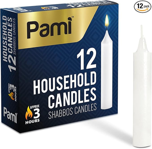 PAMI Traditional Shabbat Candle Sticks [12-Pack] - Unscented Taper Candles with 3 Hours Burning Time- Paraffin Shabbos Candles with Beautiful Flame- Tall Dinner Candles for Candlestick Holders