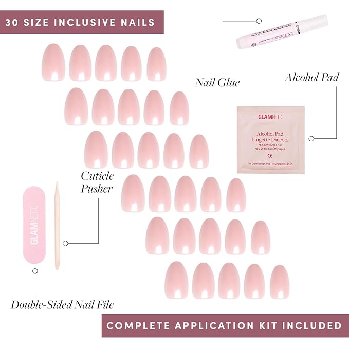Glamnetic Press On Nails - Pinch Me | Short Oval Fake Nails, Blush Pink with a Glossy, Glazed Finish, Salon Quality | 15 Sizes - 30 Nail Kit with Glue