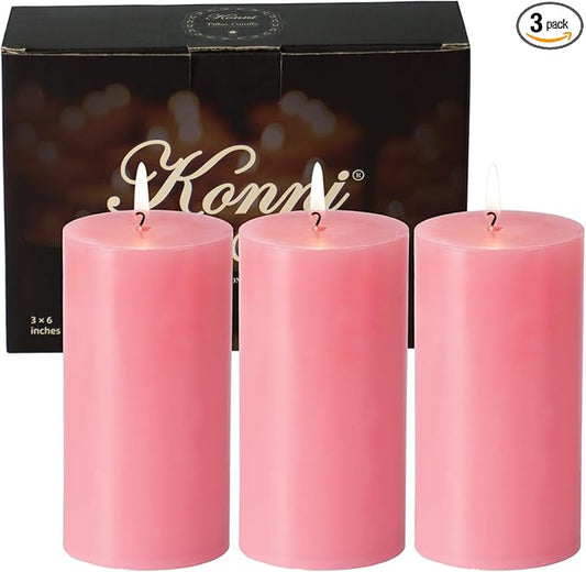 KONNI Pink Pillar Candles Set of 3, 3"x 6" Unscented Pillar Candles Bulk, 56 Hours Long Burning Candles, Smokeless&Dripless Large Round Candle for Wedding, Home Decoration, Parties, Spas, Dinner