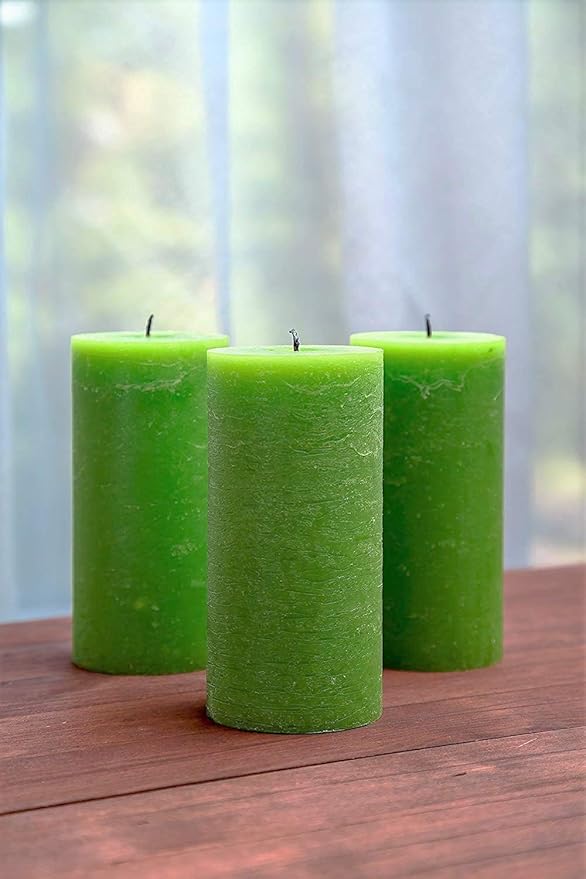Set of 3 Pillar Candles 3" x 6" Unscented Handpoured Weddings, Home Decoration, Restaurants, Spa, Church Smokeless Cotton Wick - Green