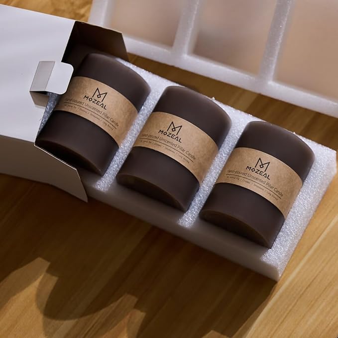 MOZEAL 3" x 4" Hand-Poured Unscented Candle, Dripless Pillar Candle Set of 3, Long Clean Burning, Approx 72 Hours Burn Time, Rustic Country Style, Wedding, Winter Elegance, Home Decor, Taupe Gray
