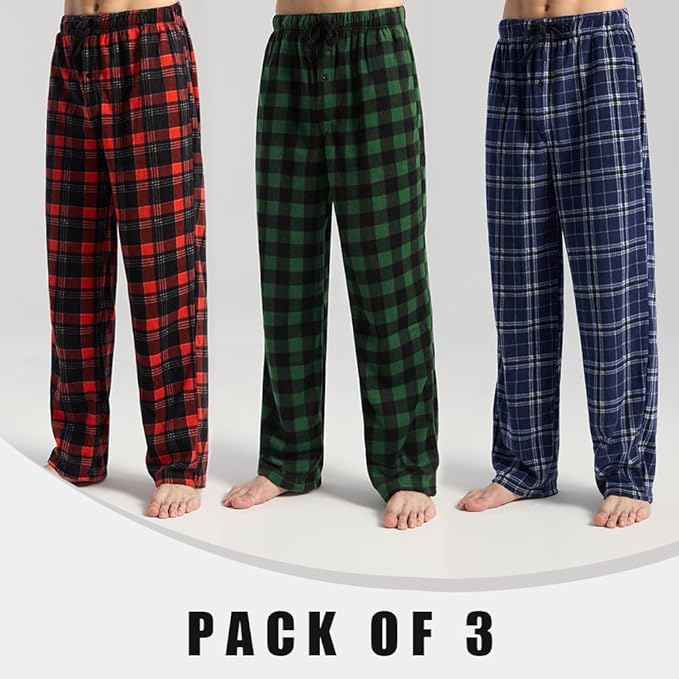 3 Pack Men's Fleece Pajama Pants Bottoms– Lounge Sleepwear Plaid PJs with Pockets and Button Fly