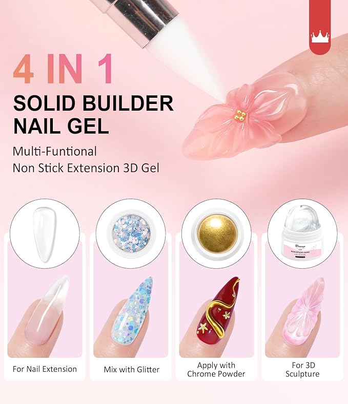 Builder Gel for Nails BISHENGYF: 4-in-1 White 3D Gel Art Non-sticky for Extension Sculpting Building Hard with Nail Art Glitter for Nails UV/LED Lamp Required