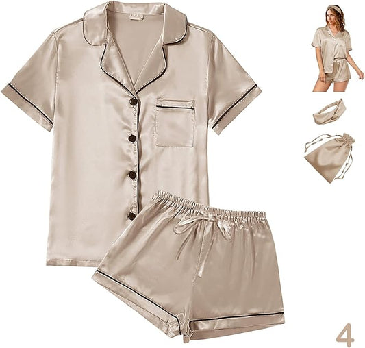 4Pcs Womens Satin Silky Pajama Sets Short Sleeve Shirt XS-4XL Floral Pajamas Set Soft PJ Loungewear Sleepwear