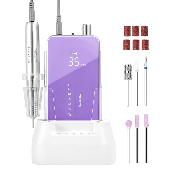 Makartt Professional Nail Drill - 35000RPM Electric Nail File with 60W Coreless Motor, 2 in 1 Desktop & Portable Rechargeable E File with Drill Bits and LCD Display, Nouvella Purple