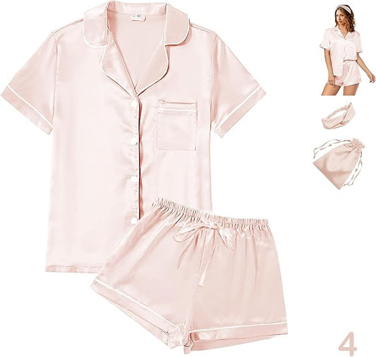 4Pcs Womens Satin Silky Pajama Sets Short Sleeve Shirt XS-4XL Floral Pajamas Set Soft PJ Loungewear Sleepwear