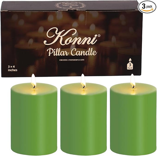 KONNI Green Pillar Candles Set of 3, 3"x 4" Unscented Pillar Candles Bulk, 39 Hours Long Burning Candles, Smokeless&Dripless Large Round Candle for Wedding, Home Decoration, Parties, Spas, Dinner