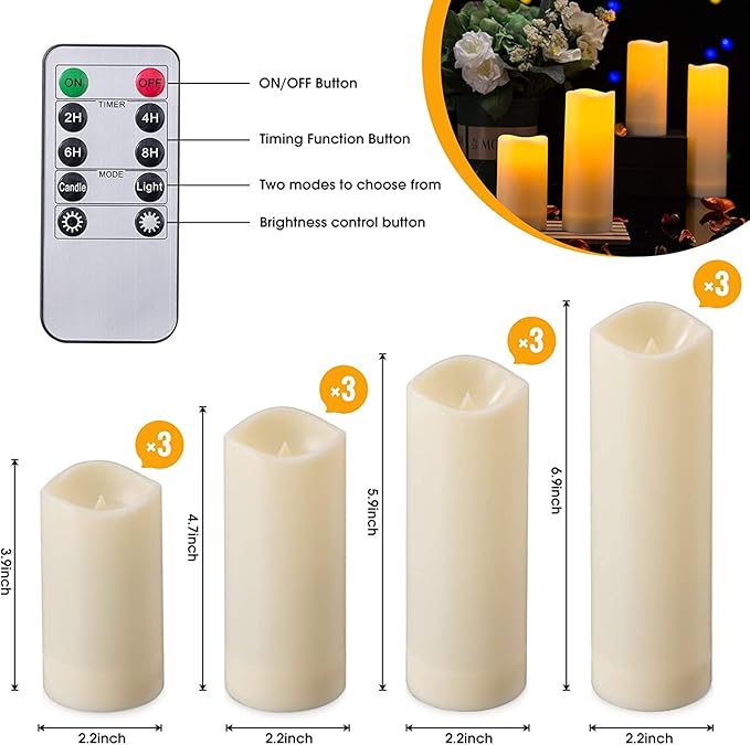 12 Pack Flameless Candles Battery Operated Waterproof Led Candles (D:2.2" X H:4" 5" 6" 7") Candles with 2 Remotes Contro for Wedding, Party, Birthday