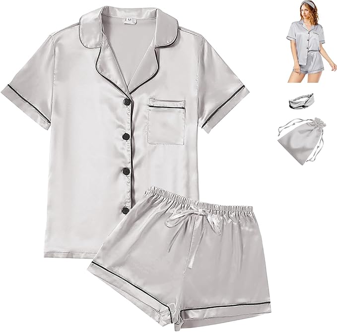 4Pcs Womens Satin Silky Pajama Sets Short Sleeve Shirt XS-4XL Floral Pajamas Set Soft PJ Loungewear Sleepwear