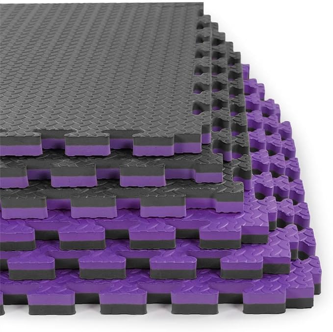 Xspec 1" Extra Thick 48 sq ft Reversible EVA Gym Foam Floor Mat Tiles (24" x 24"), Steel Pattern, 12 pcs, Black/Purple