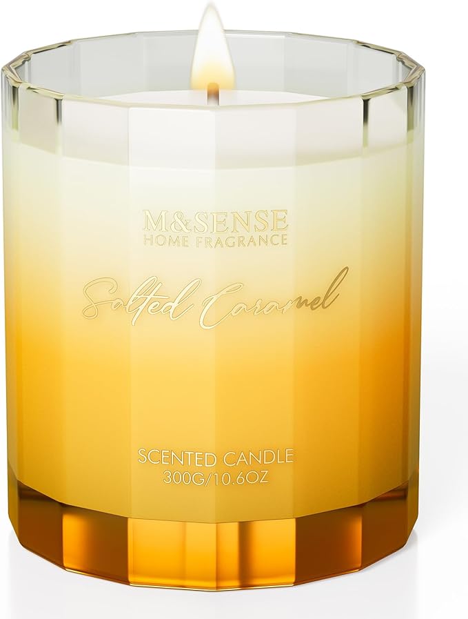 M&SENSE Salted Caramel Fall Scented Candle - 10.6oz Organic Natural Soy Wax Non Toxic 60-Hour Slow Burning Highly Scented Candle for Home Fragrance, Holiday & Thanksgiving