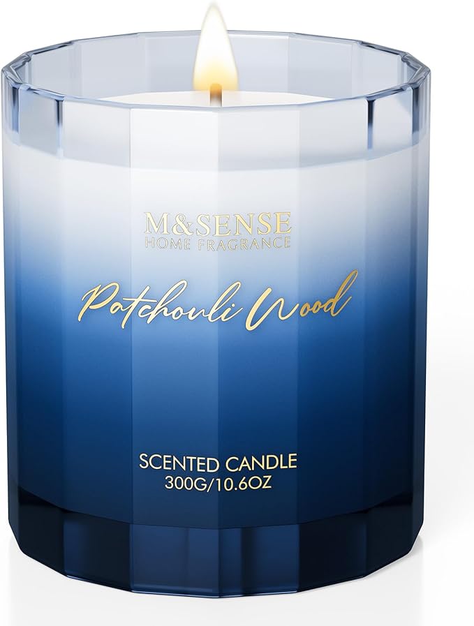 M&SENSE Sandalwood Patchouli Scented Candle - 10.6oz Natural Soy Wax 60-Hour Long Lasting Burn Time Non Toxic Strong Woody Scented Candle for Men Women