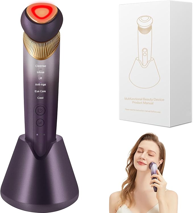 6-in-1 Age-Defying - Eye, Face & Neck Lift & Firm, 5-Color Light Therapy for Face with Microcurrent, Vibration, Heat & Cooling, Skin Care Tool for Youthful & Tightening Skin,Purple