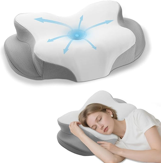 Cervical Pillow for Neck Pain Relief - Ergonomic Neck Pillow with Ice Silk Pillowcase, Cooling Memory Foam Pillows for Side Back Stomach Sleepers