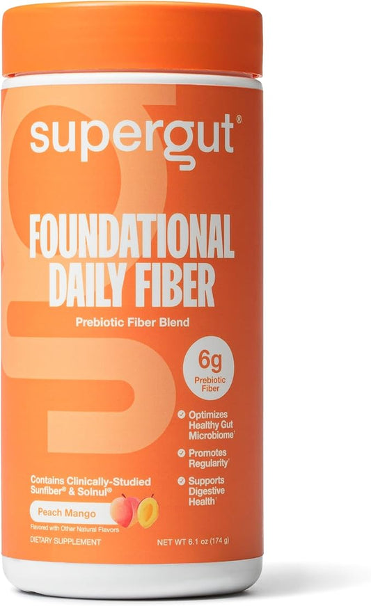 Supergut Foundational Daily Fiber Powder, Sugar Free & Vegan Prebiotic Fiber Blend for Gut Health & Digestive Support, Supplement for Men & Women with Solnul & Sunfiber, Peach Mango, 18 Servings