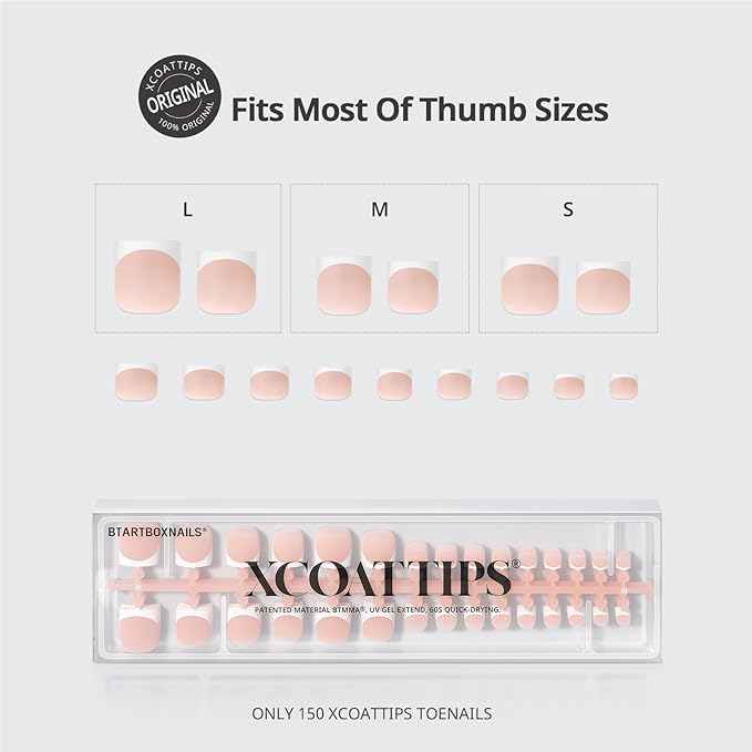 BTArtboxnails XCOATTIPS Toe Nail Tips - Lamp-Curable Real Square Nude Press On Toenails for Women, 150 Soak Off French Tip Toe Nail Extensions in 15 Sizes, Builder Gel & Top Coat Required