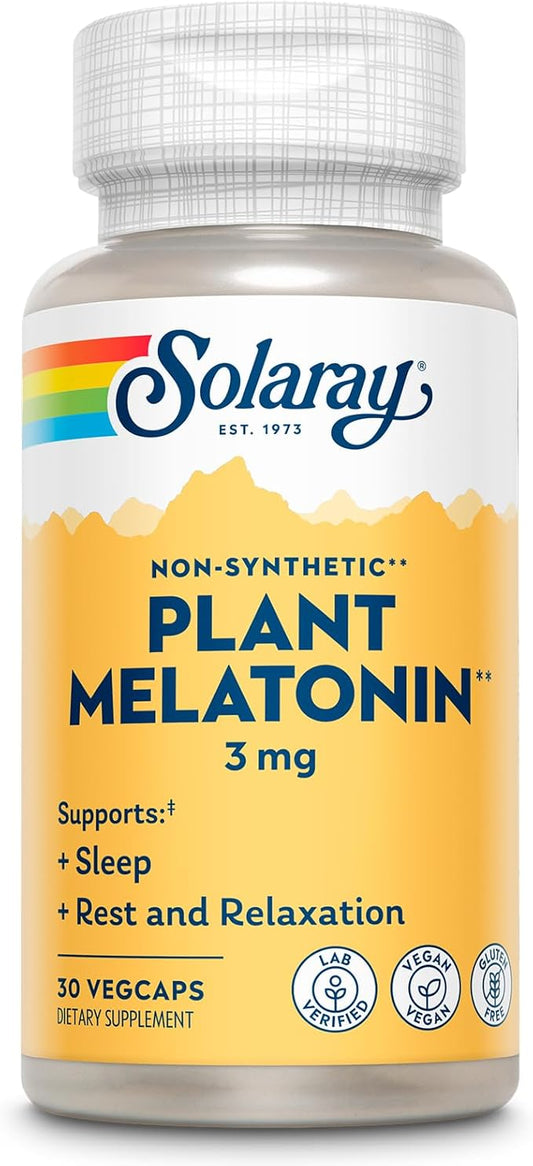 SOLARAY Plant Melatonin 3mg - Sleep Aid Supplement Made with Somato - Vegan, Non Synthetic, Nature-Derived Sleeping Pills Support - Gluten Free, Lab Verified - 30 Servings, 30 VegCaps