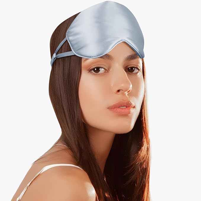 Silk Eye Mask for Sleep with Adjustable Strap for Women/Men/Adults Large 100% Mulberry Silk Sleeping Mask for Travel/Plane/Side Sleeper,Light Blue