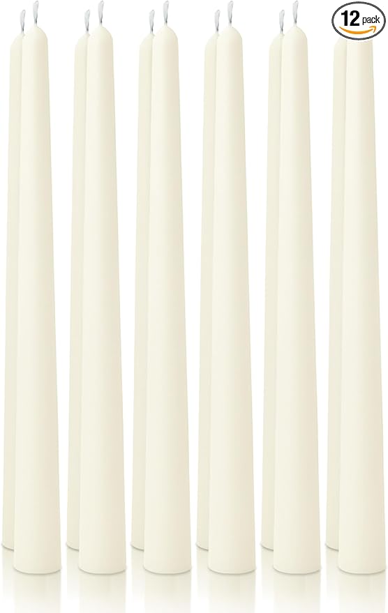 12pk 10" Classic Taper Candles, Ivory, 7-8 Hours Long Burning, Unscented Tall Candlesticks