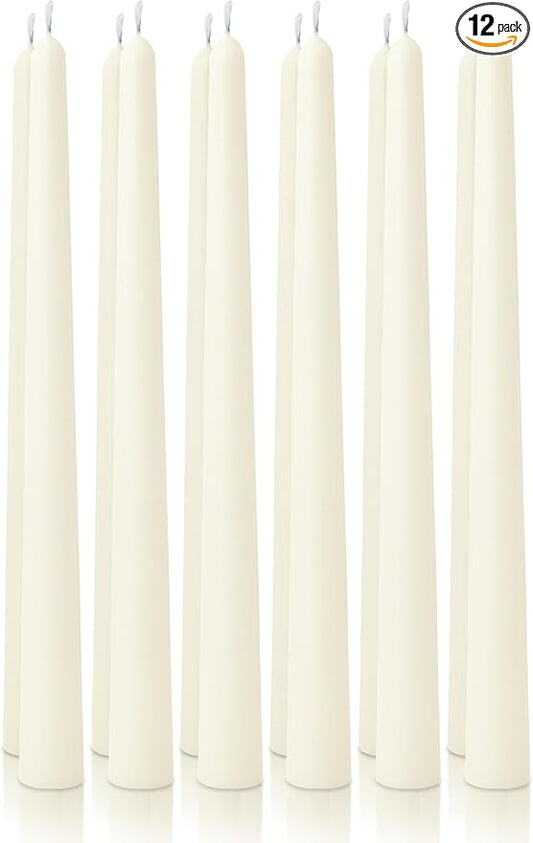 12pk 10" Classic Taper Candles, Ivory, 7-8 Hours Long Burning, Unscented Tall Candlesticks