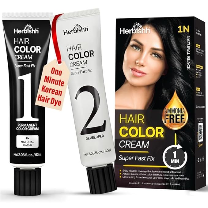 Herbishh Rapid Infusion Hair Color Cream – 1N Natural Black Hair Dye Permanent One Minute with Comb Applicator, Hair Color for Gray Hair Coverage, Ammonia-Free, Patented Korean Technology, 2.03 fl. Oz