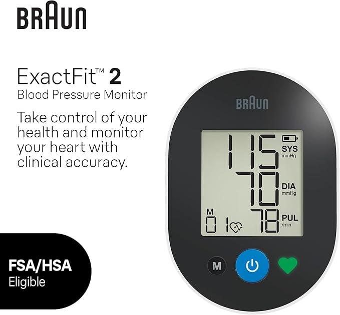 Braun ExactFit™ 2 Blood Pressure Monitor for Home Use - Accurate Blood Pressure Machine, Color-Coded Results, Large Display BP Monitor, Universal Upper Arm Cuff, 30 Memory Slots, FSA and HSA Eligible