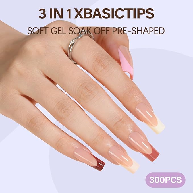 Misssix XBASICTIPS French Tip Press On Nails, 300Pcs French Gel Nail Tips Long Square, Soft Gel Pre-shaped No Need to File 3 in 1 Tips, Fake Nails for Nail Art DIY Extension Designs 15 Sizes
