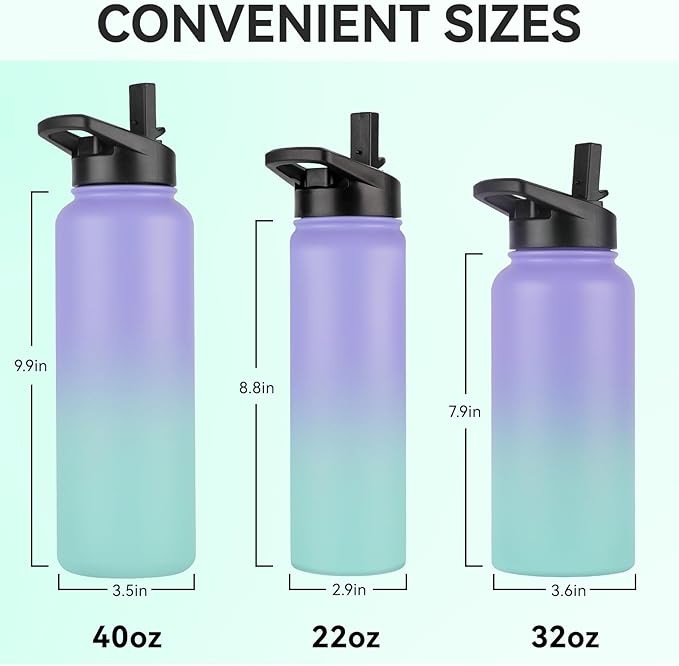 DOMICARE 32 oz Insulated Water Bottle, Vacuum Insulated Stainless Steel Sports Water Bottle with Straw Lid & Spout Lid, Leakproof, Reusable - Travel, Camping, Bike, Purple Green Gradient
