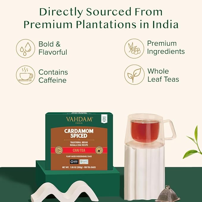 VAHDAM, Cardamom Masala Chai Tea Bags (100 Count) Non GMO, Gluten Free, No Artificial Flavor | Blended w/Exotic Spices | Chai Tea | Resealable Ziplock Pouch
