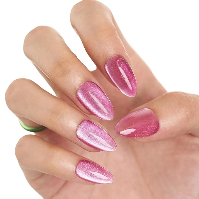 GLAMERMAID Pure Purple Magnet Cat Eye Press on Nails Short Almond, Carmine Handmade Jelly Gel Fake Nail Kits, Ombre Glitter Magnetic Glue on Nail Stiletto，Medium Oval Stick on False Nail Set for Women