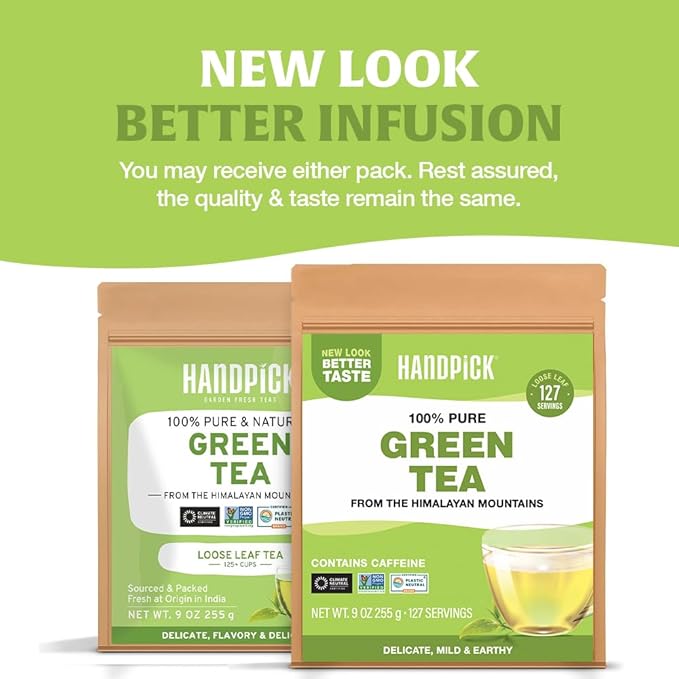 HANDPICK, Green Tea Loose Leaf (255g/9oz) 127 Cups | Non-GMO, 100% Pure Green Tea Leaves Sourced from Himalayas, India | Resealable Ziplock Pouch