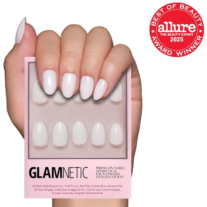 Glamnetic Press On Nails - White Swan | Opaque Classic Off White Short Oval Fake Nails, Salon Quality | 15 Sizes - 30 Nail Kit