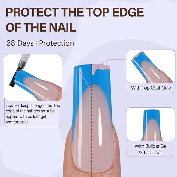 Misssix XBASICTIPS Blue French Tip Press On Nails, 150Pcs French Gel Nail Tips Long Square, Soft Gel Pre-shaped No Need to File 3 in 1 Tips, Fake Nails for Nail Art DIY Extension Designs 15 Sizes