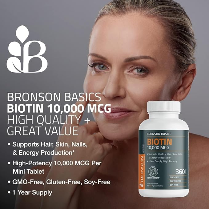 Bronson Biotin 10,000mcg, Supports Healthy Hair, Skin and Nails, Vegetarian, Non-GMO, 150 Tablets
