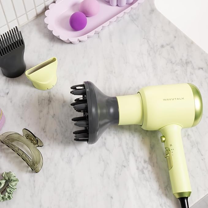 Wavytalk Hair Dryer with Diffuser, Blown Away Ionic Hair Dryer for Curly Hair with Comb, 1875W Fast Drying Blow Dryer with Ceramic Technology, 3 Attachments for All Hair Types, Light and Quiet, Green