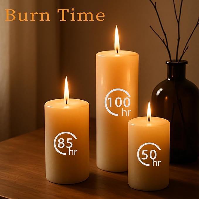 Ivory Pillar Candles Set, 12 Packs, 2.8 in x 4, 6, 8 Inch Assorted Size Unscented Pillar Candles Bulk for Home Decor, Long Burning Candle for Emergency, Holiday Dinner, Dripless & Smokeless