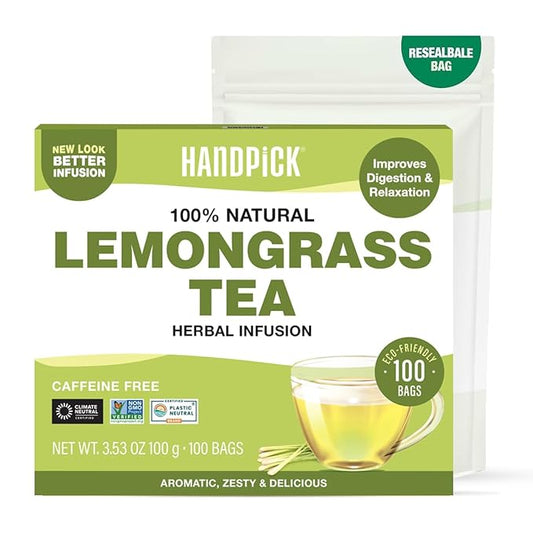 HANDPICK, Lemongrass Tea Bags (100 Count) Non-GMO, Caffeine Free - Quality Lemongrass Herbal Tea- Eco-conscious Round Tea Bags | Brew Hot or Iced Tea