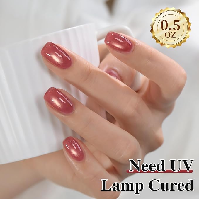 Double Rhythm 0.5 OZ Cat Eye Gel Polish with Magnet 15ML Holographic Glitter Shimmer Translucent Jelly Color Magnetic Nail Polish Salon DIY at Home (Rose Coffee-MC1272)