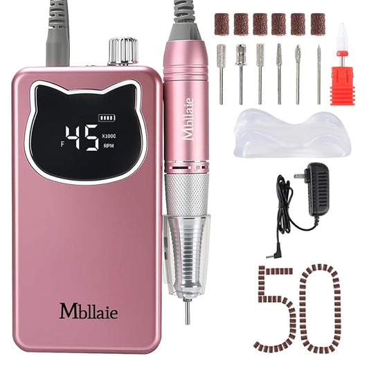 Professional Nail Drill File 45000RPM Electric Portable Nails Drills Kit with Rechargeable 7 uñas Bits Cordless Efile for Poly Gel Acrylic Nails Remover Home Salon Pedicure Manicure Tool (Rose Pink)