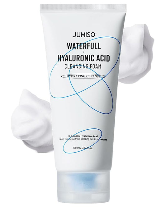 JUMISO Waterfull Hyaluronic Acid Cleansing Foam - Korean Face Wash 3-Complex Hyaluronic Ceramides LHA Gentle Exfoliating Hydrating Cleanser All Skin Types Non-Stripping 5.07 oz