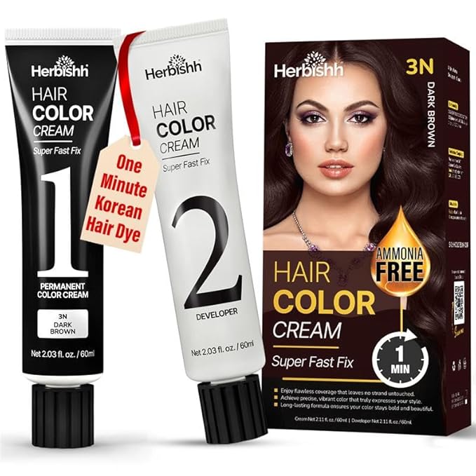 Herbishh Rapid Infusion Hair Color Cream – 3N Dark Brown Hair Dye Permanent One Minute with Comb Applicator, Hair Color for Gray Hair Coverage, Ammonia-Free, Patented Korean Technology, 2.03 fl. Oz