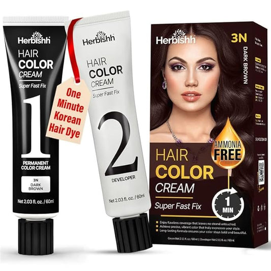 Herbishh Rapid Infusion Hair Color Cream – 3N Dark Brown Hair Dye Permanent One Minute with Comb Applicator, Hair Color for Gray Hair Coverage, Ammonia-Free, Patented Korean Technology, 2.03 fl. Oz